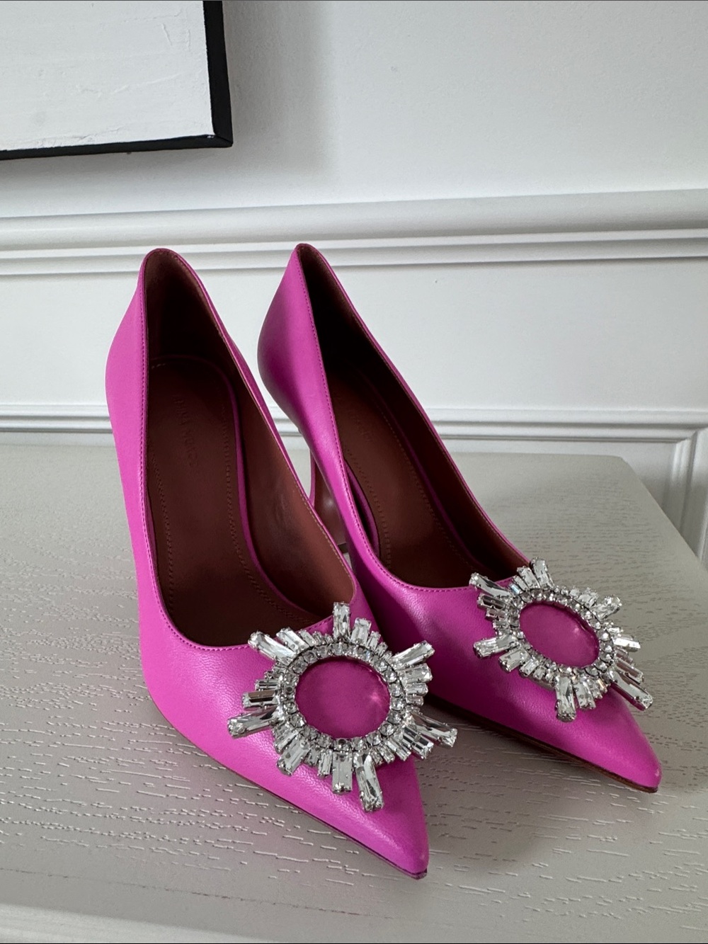 Amina Muaddi Fuchsia Satin Pointed Pumps with Crystal Sunburst
